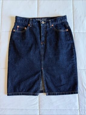 Vintage GUESS Dark Indigo Denim Pencil Skirt with Front Slit